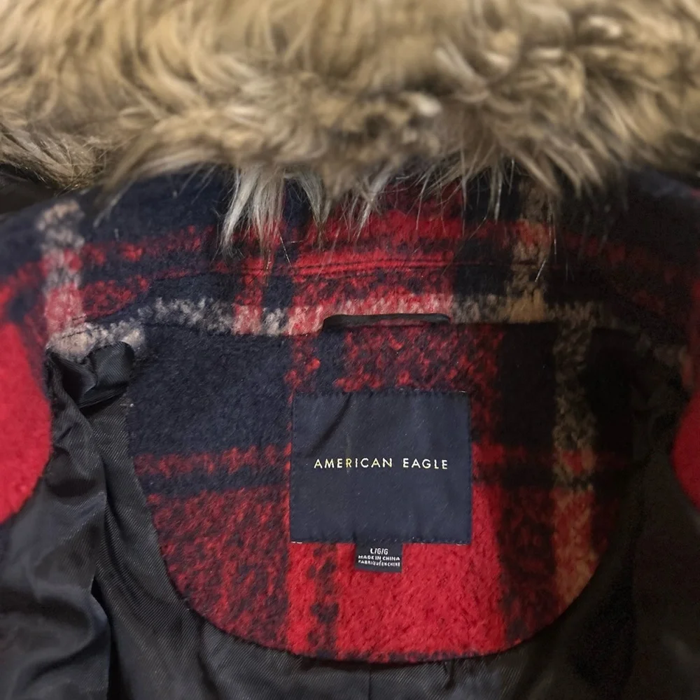 American Eagle Outfitters Red and Black Plaid Jacket with Faux Fur - Picture 7 of 8